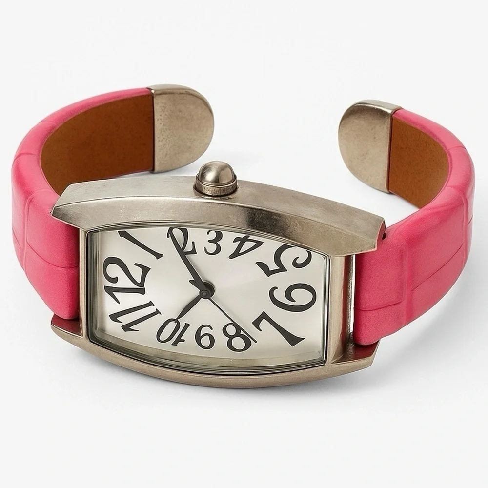Pink Cuff Watch With Wide Metal Frame